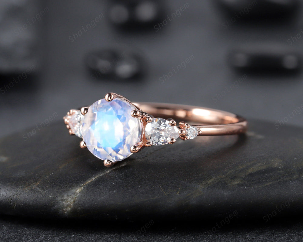 Vintage Round Shape Moonstone Engagement Ring, Unique 14k Rose Gold Pear Moissanite Promise Ring, Five Stone Wedding Ring Gift for her Gift - ShainJewelry