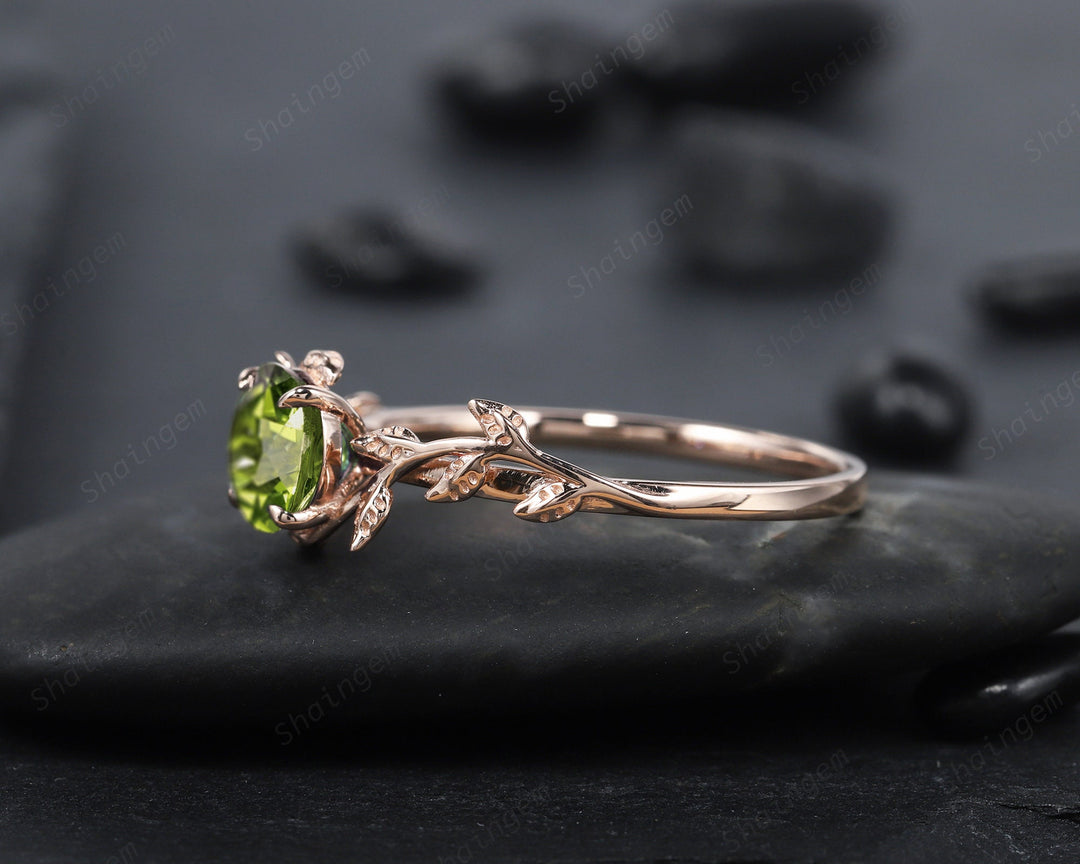 Vintage Round Cut Peridot Solitaire Engagement Ring, Leaf Peridot Promise Ring, Nature Inspired Peridot Wedding Ring, Rose Gold Ring Gift - ShainJewelry
