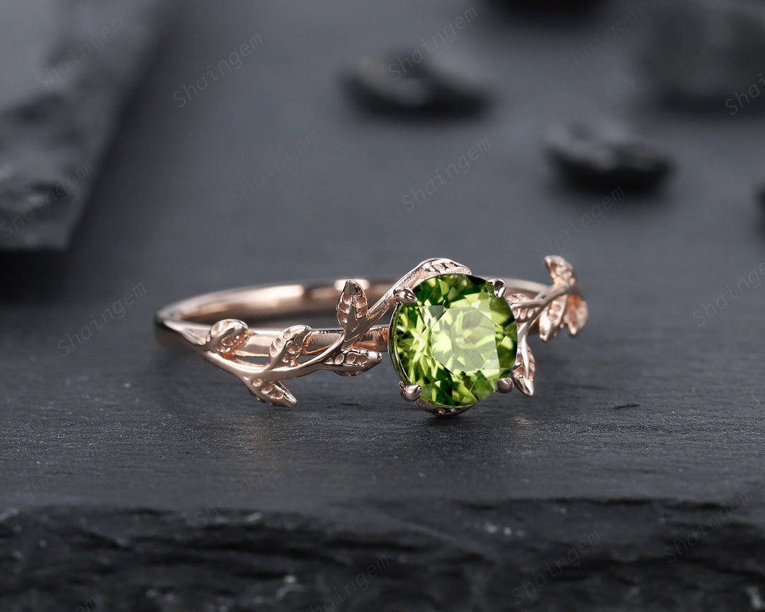 Vintage Round Cut Peridot Solitaire Engagement Ring, Leaf Peridot Promise Ring, Nature Inspired Peridot Wedding Ring, Rose Gold Ring Gift - ShainJewelry
