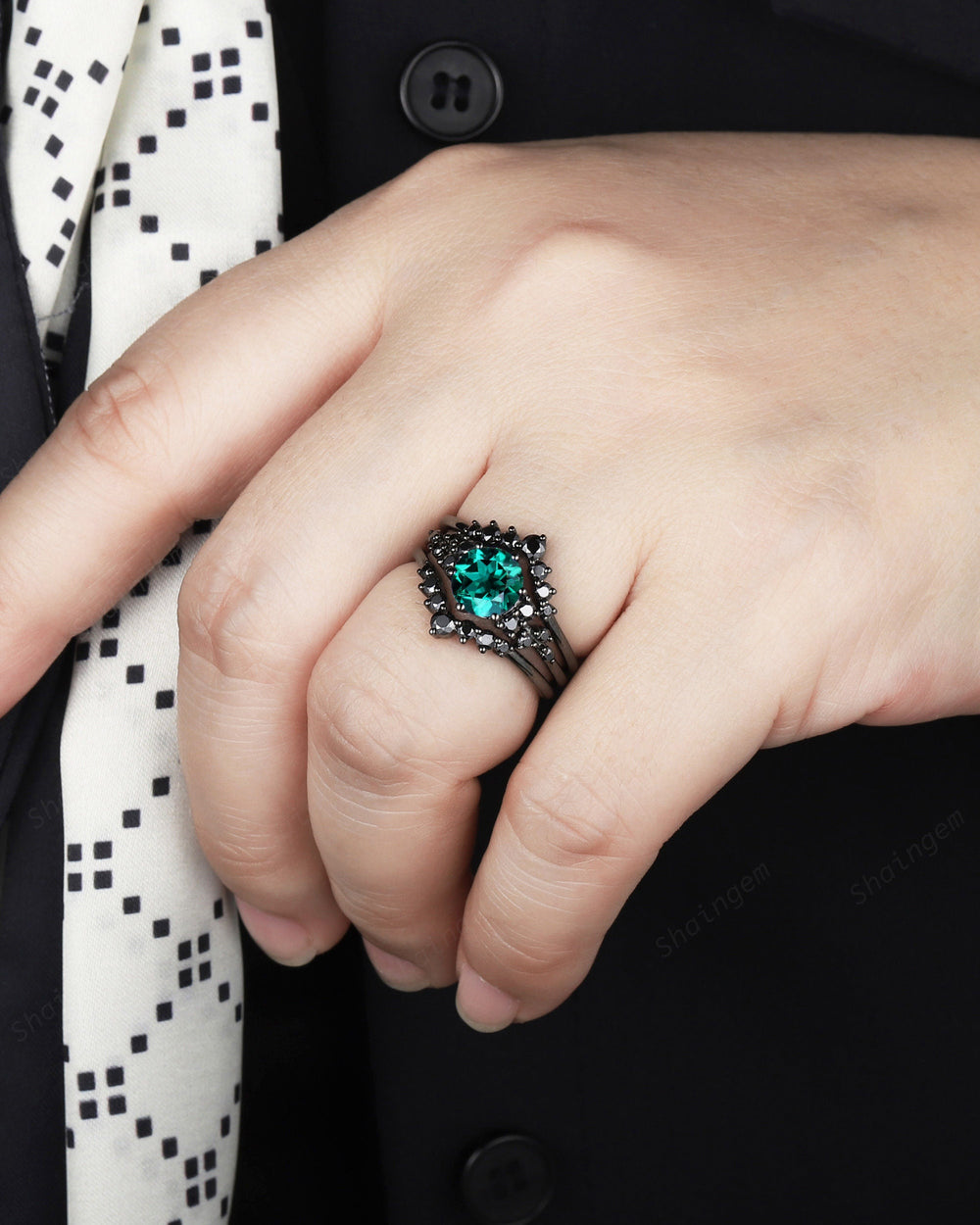 3PCS Black Gold Round Emerald Engagement Ring Set, Vintage Black Moissanite Emerald Wedding Set Bridal Set Promise Ring, Rhodium Black Ring - ShainJewelry