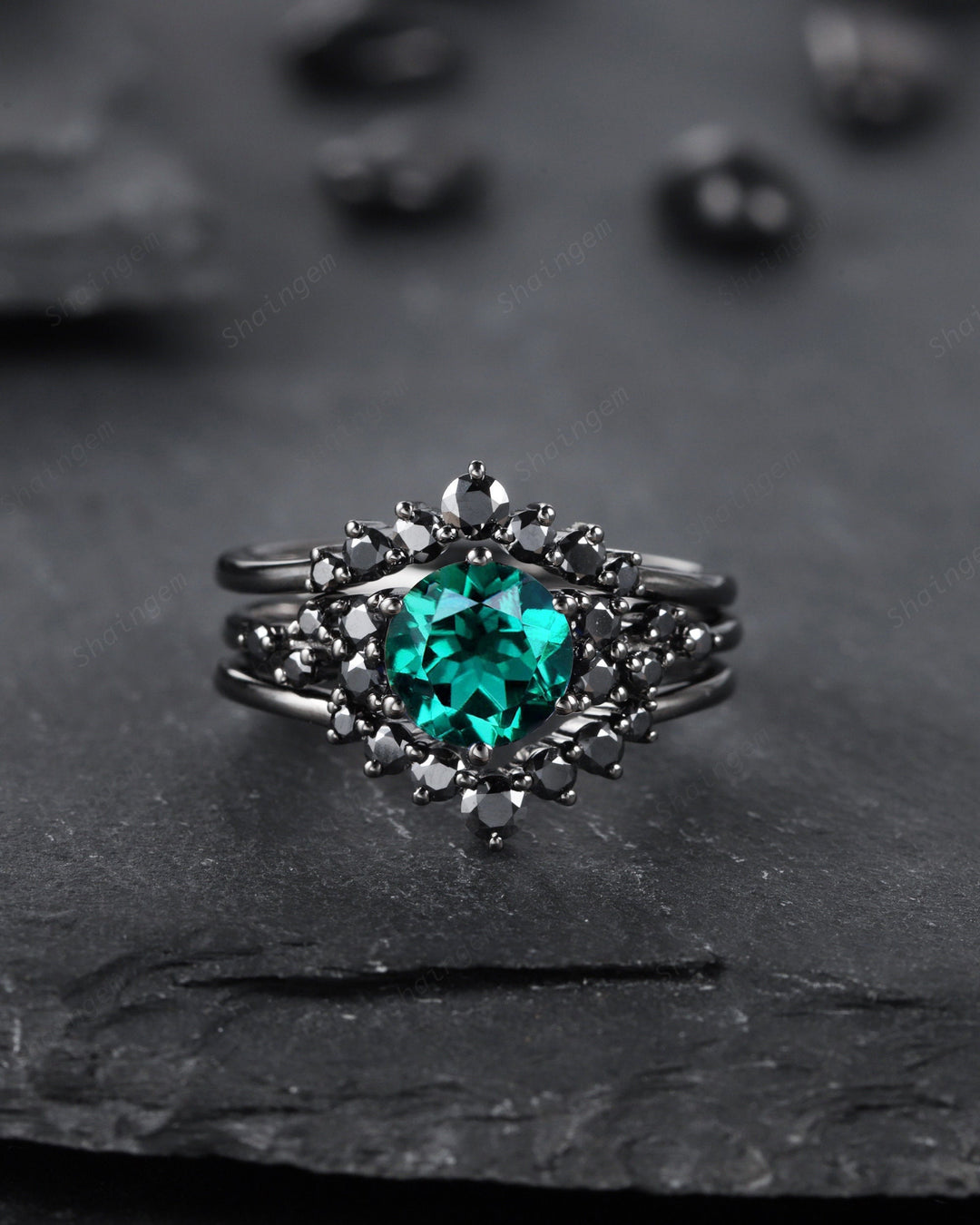 3PCS Black Gold Round Emerald Engagement Ring Set, Vintage Black Moissanite Emerald Wedding Set Bridal Set Promise Ring, Rhodium Black Ring - ShainJewelry