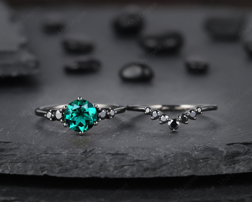 Vintage Black Gold Round Cut Emerald Engagement Ring, Rhodium Black Moissanite Emerald Wedding Set, Unique Dark Bridal Set Promise Ring - ShainJewelry