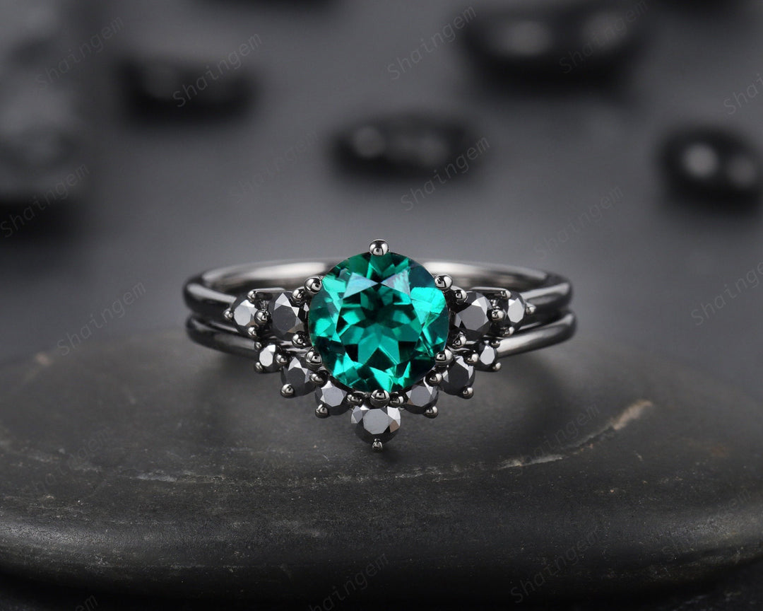 Vintage Black Gold Round Cut Emerald Engagement Ring, Rhodium Black Moissanite Emerald Wedding Set, Unique Dark Bridal Set Promise Ring - ShainJewelry