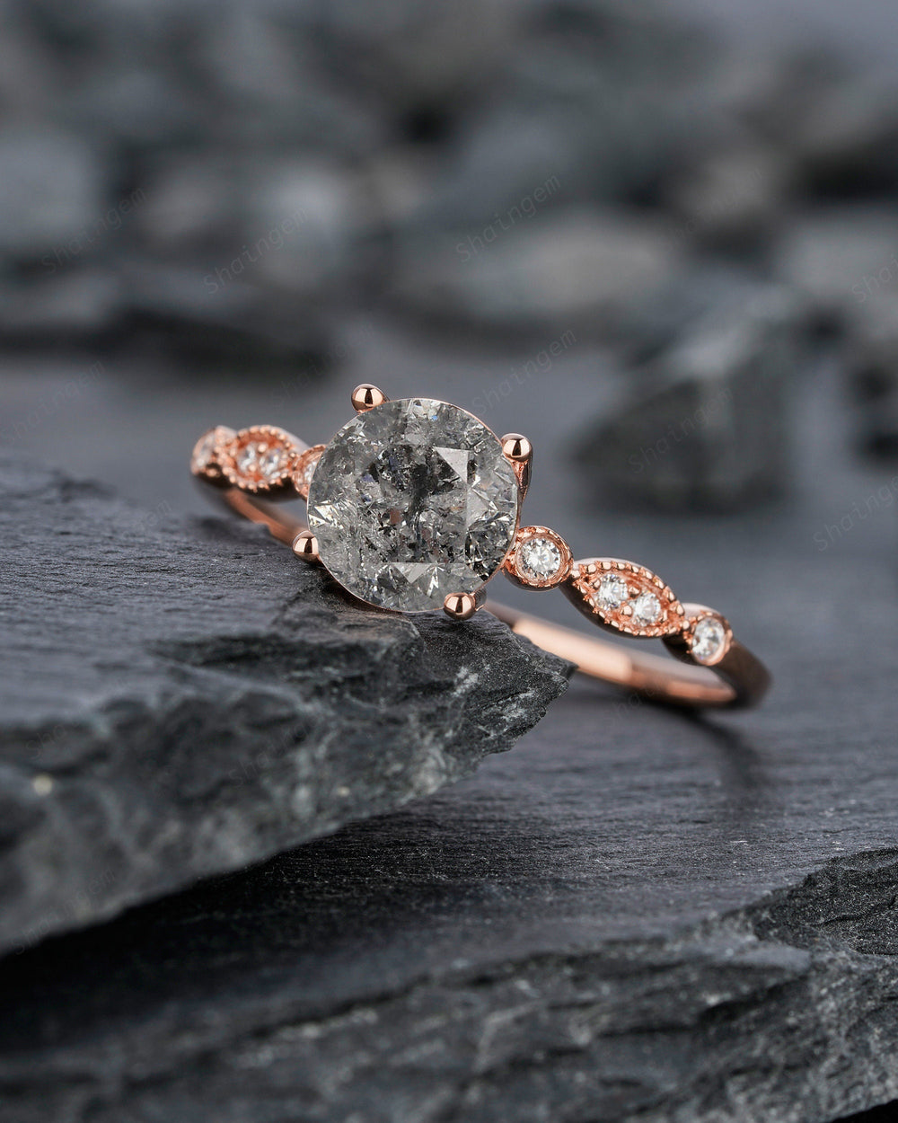 Vintage Salt and Pepper Diamond Engagement Ring, Unique 14K Rose Gold Diamond Promise Ring, Art Deco 18K Gold Gray Diamond Wedding Ring - ShainJewelry