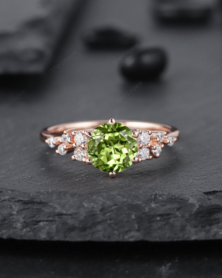 Unique Round Cut Peridot and Diamond Engagement Ring, Vintage 14K Rose Gold Cluster Promise Ring, Are Deco Wedding Anniversary Ring Gift - ShainJewelry