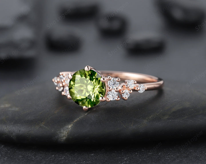 Unique Round Cut Peridot and Diamond Engagement Ring, Vintage 14K Rose Gold Cluster Promise Ring, Are Deco Wedding Anniversary Ring Gift - ShainJewelry