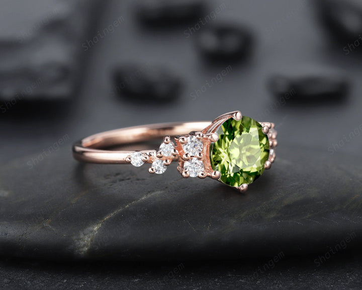 Unique Round Cut Peridot and Diamond Engagement Ring, Vintage 14K Rose Gold Cluster Promise Ring, Are Deco Wedding Anniversary Ring Gift - ShainJewelry