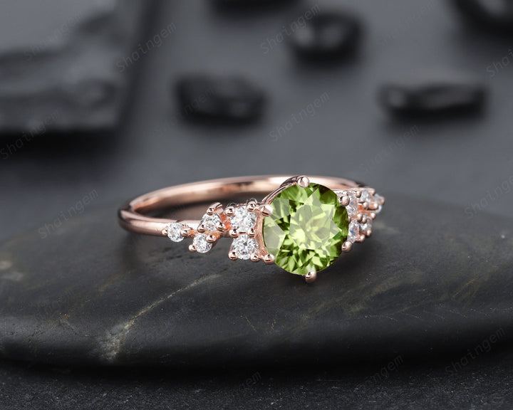 Unique Round Cut Peridot and Diamond Engagement Ring, Vintage 14K Rose Gold Cluster Promise Ring, Are Deco Wedding Anniversary Ring Gift - ShainJewelry