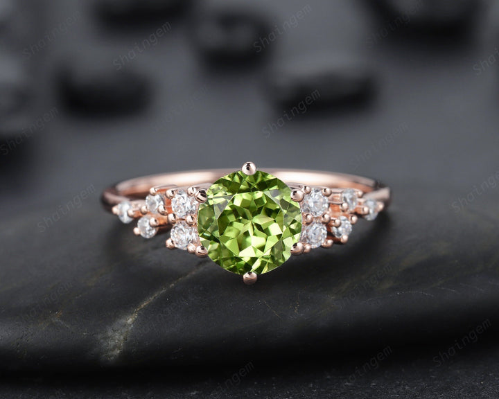 Unique Round Cut Peridot and Diamond Engagement Ring, Vintage 14K Rose Gold Cluster Promise Ring, Are Deco Wedding Anniversary Ring Gift - ShainJewelry