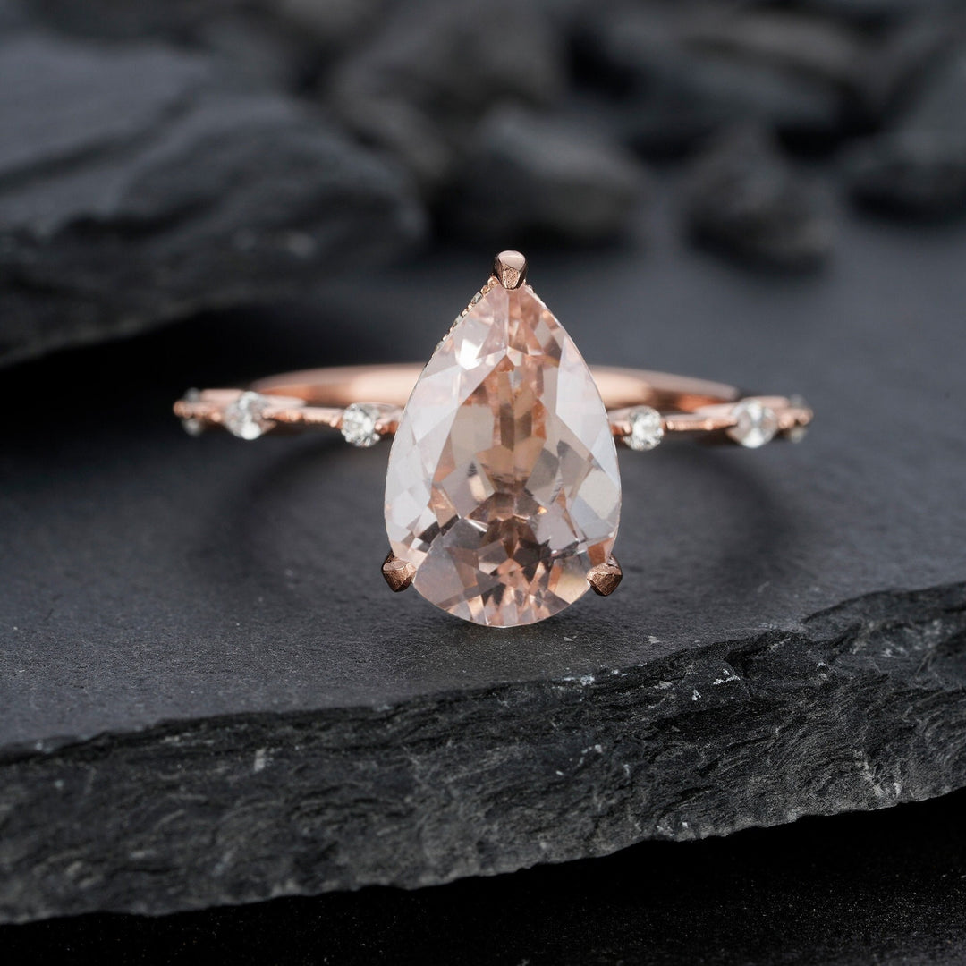 Vintage 3 Carats Large Pear Cut Pink Morganite Diamond Engagement Ring, Unique Rose Gold Teardrop Morganite Hidden Halo Wedding Promise Ring - ShainJewelry