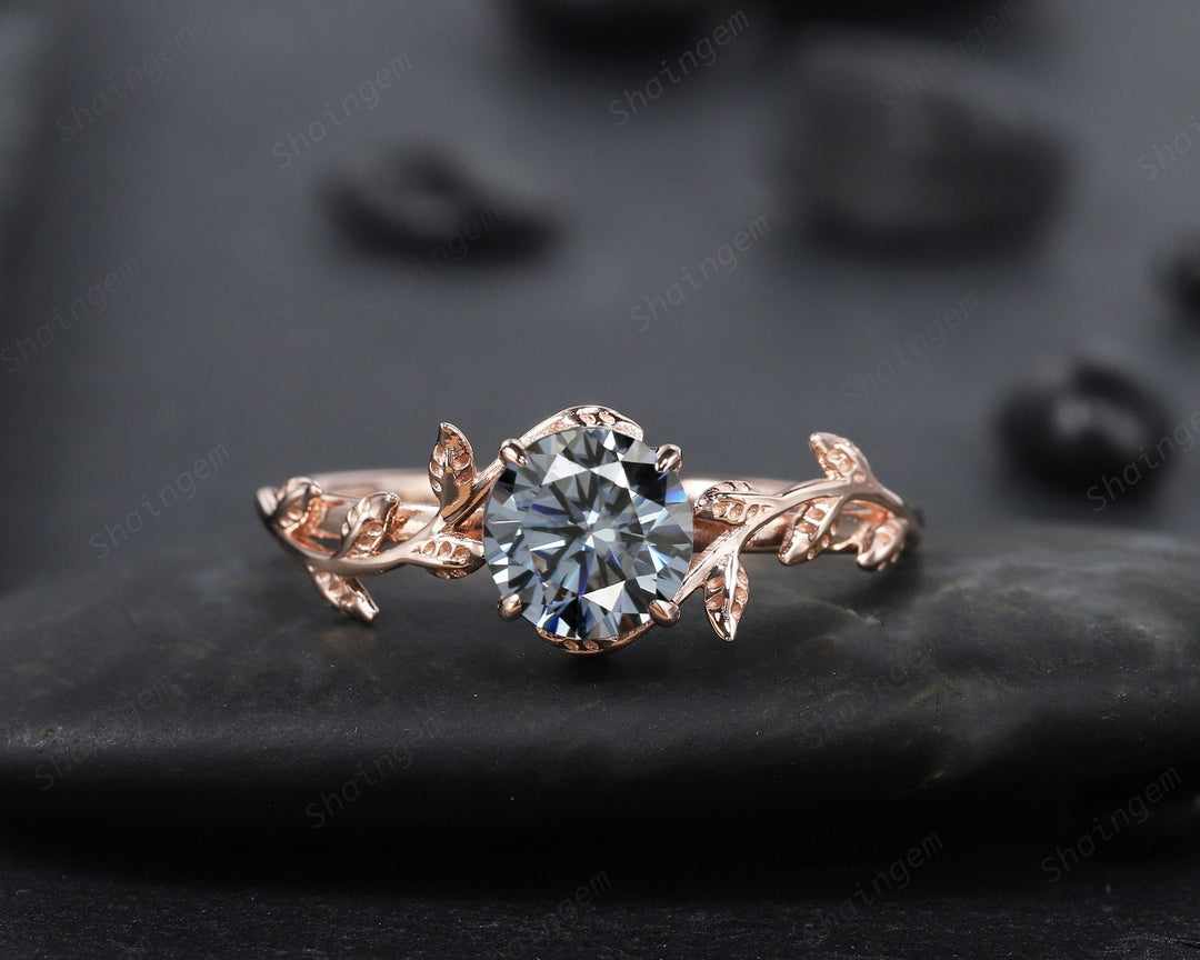 Vintage Round Cut Gray Moissanite Engagement Ring, Unique Leaf Grey Moissanite Promise Ring, Art Deco Solitaire Stone Wedding Ring Gift - ShainJewelry