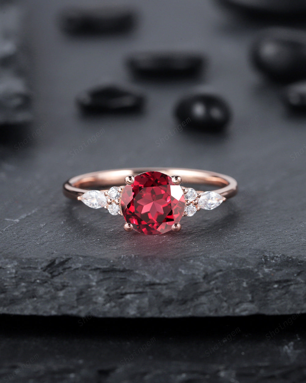 Unique Round Cut Garnet Engagement Ring, Vintage 14K Rose Gold Garnet and Diamond Promise Wedding Anniversary Ring Gift for Women - ShainJewelry