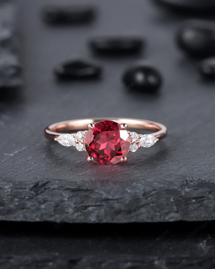 Unique Round Cut Garnet Engagement Ring, Vintage 14K Rose Gold Garnet and Diamond Promise Wedding Anniversary Ring Gift for Women - ShainJewelry
