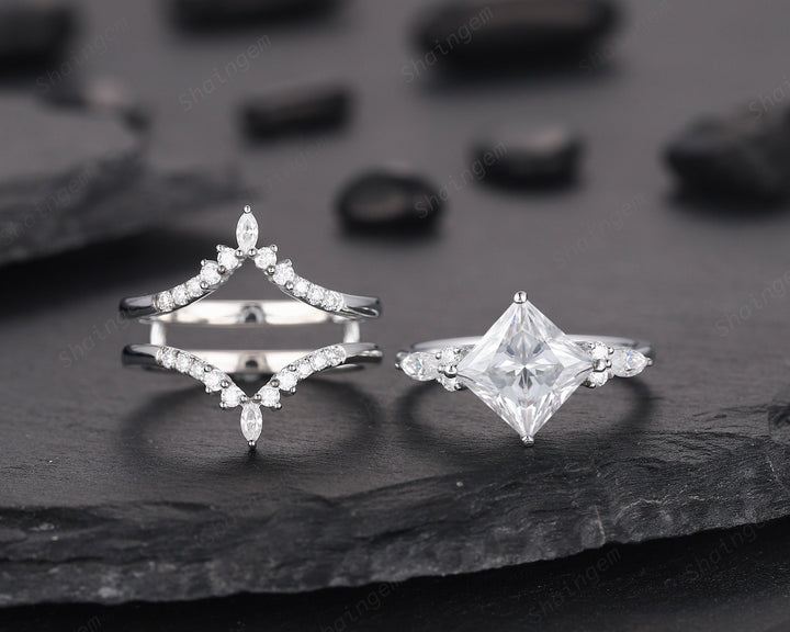 Princess Cut Moissanite Bridal Set Vintage Moissanite Engagement Ring Enhancer Set Dual Band Soldered Wedding Set Rose Gold Promise Ring - ShainJewelry