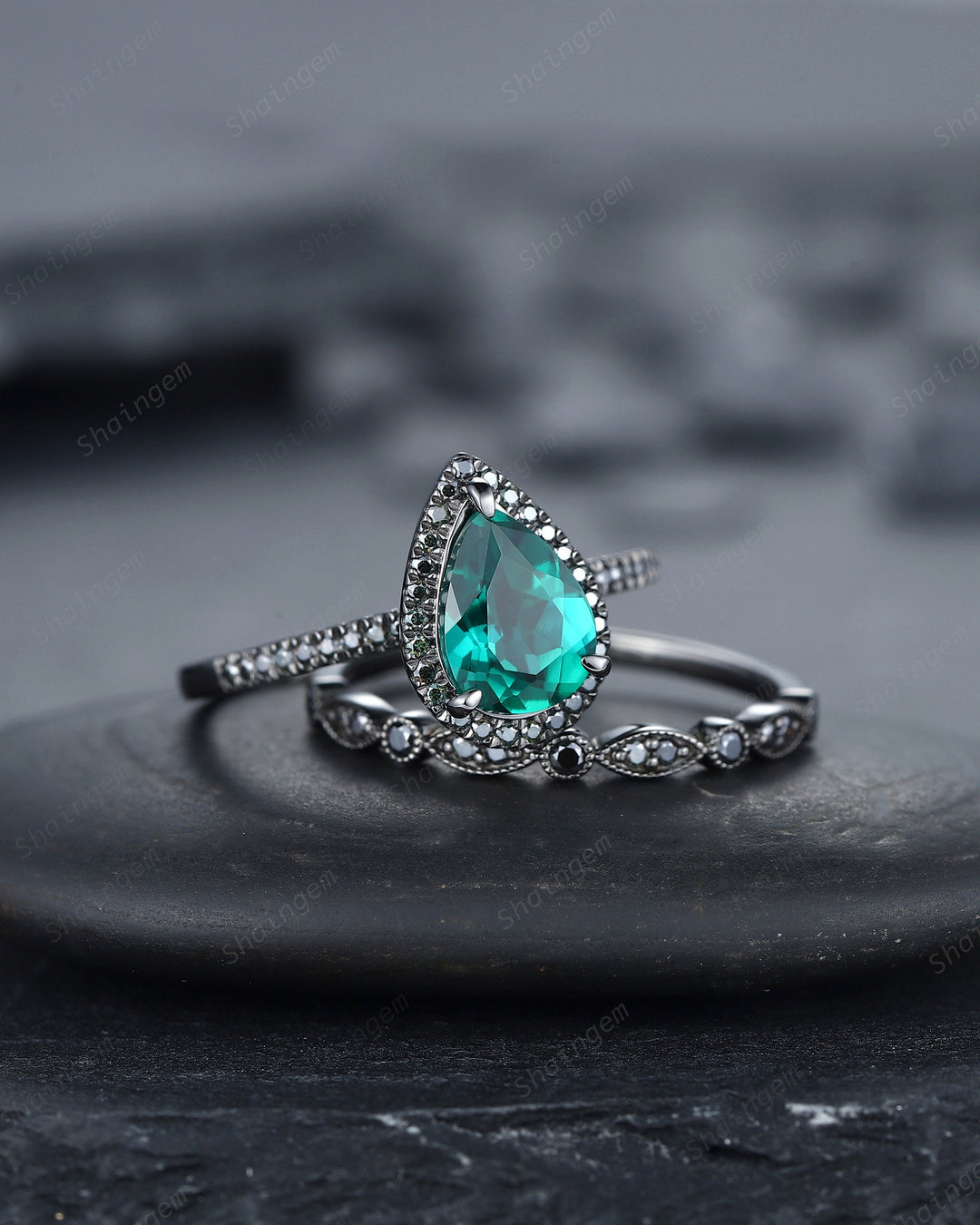 Vintage Pear Emerald Halo Engagement Ring Set, Black Gold Emerald Promise Ring Set, Rhodium Black Moissanite Bridal Set, Black Wedding Ring - ShainJewelry