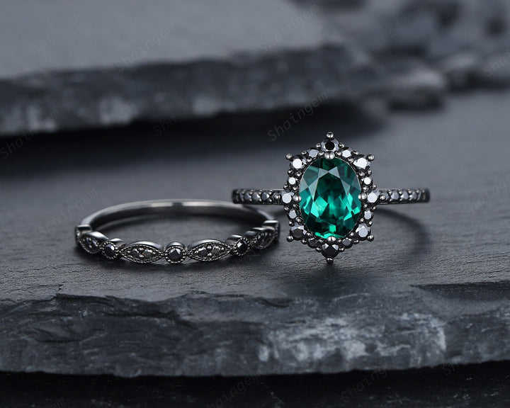 Vintage Oval Emerald Halo Engagement Ring Set, Black Gold Emerald Promise Ring Set, Rhodium Black Moissanite Bridal Set, Black Wedding Ring - ShainJewelry