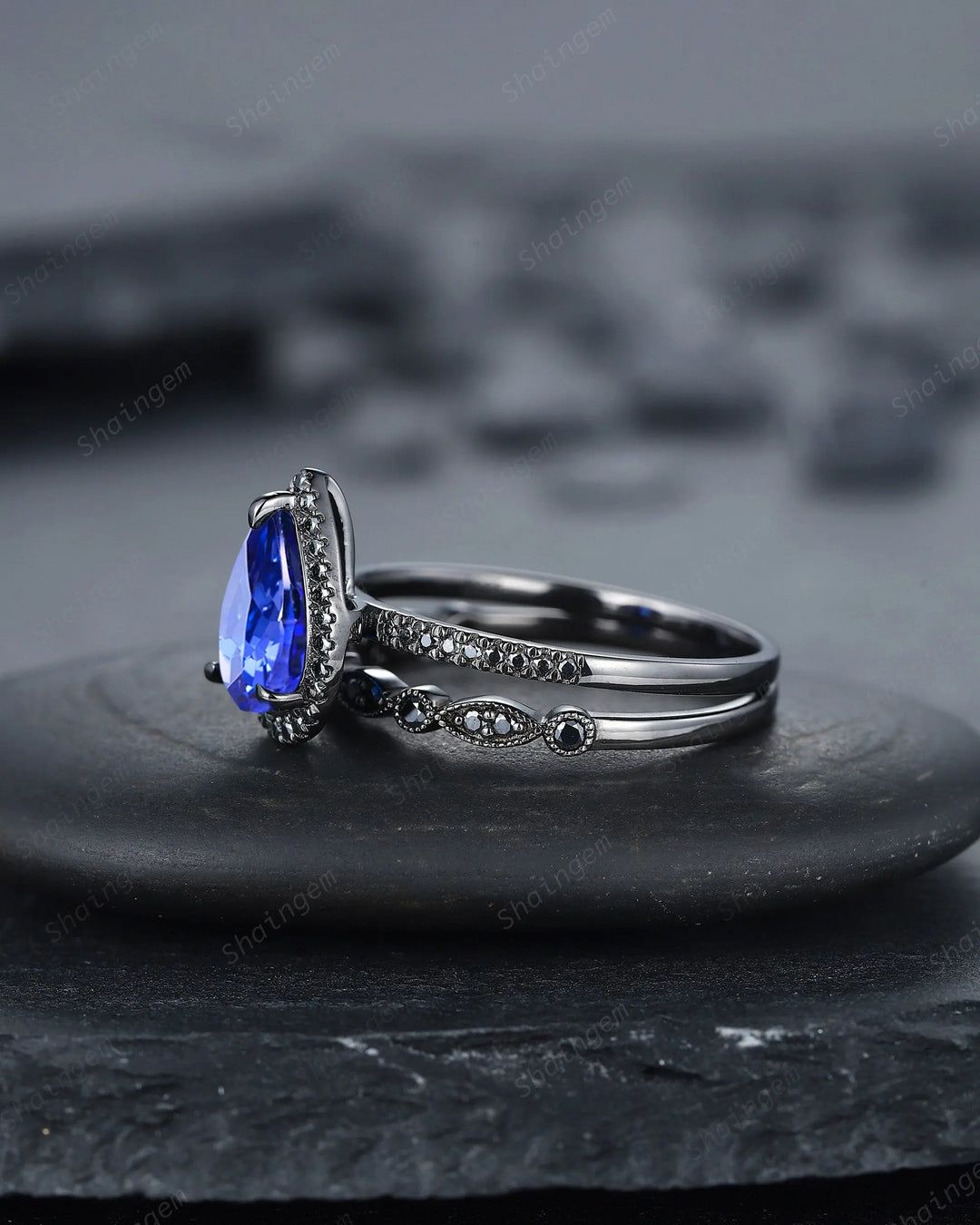 Vintage Cornflower Blue Sapphire Halo Engagement Ring Set, Black Gold Sapphire Promise Ring Set, Rhodium Black Bridal Set Black Wedding Ring - ShainJewelry