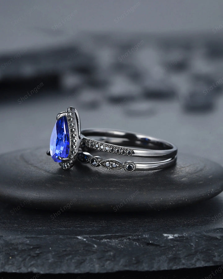 Vintage Cornflower Blue Sapphire Halo Engagement Ring Set, Black Gold Sapphire Promise Ring Set, Rhodium Black Bridal Set Black Wedding Ring - ShainJewelry