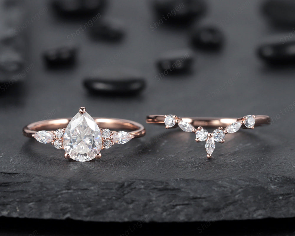Vintage Pear Cut Moissanite Engagement Ring Set, Moissanite Wedding Ring Set, 14K Rose Gold Marquise Moissanite Promise Anniversary Ring - ShainJewelry