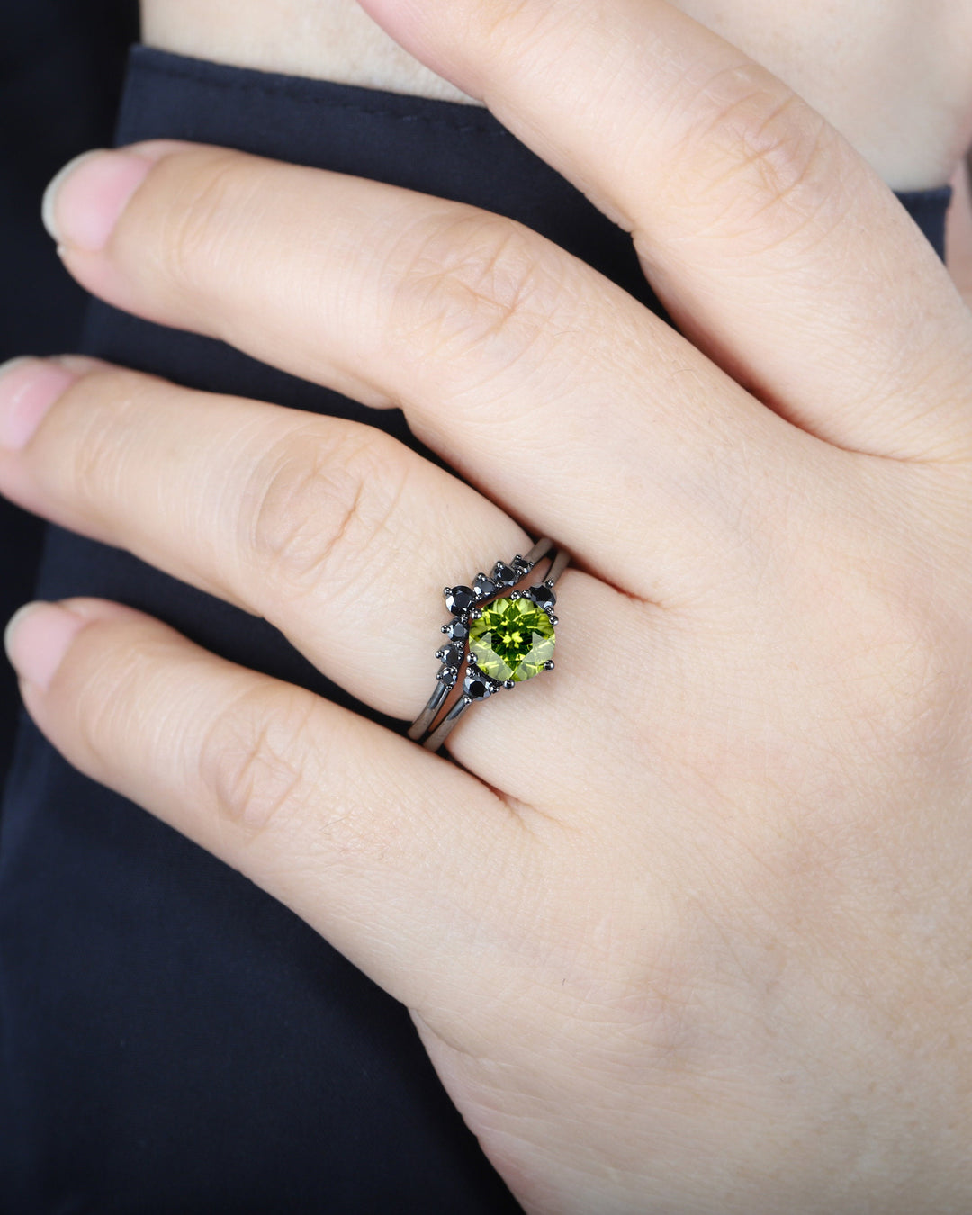 Vintage Black Gold Round Cut Peridot Engagement Ring Set, Rhodium Black Moissanite Wedding Set, Unique Dark Bridal Set, Black Promise Ring - ShainJewelry