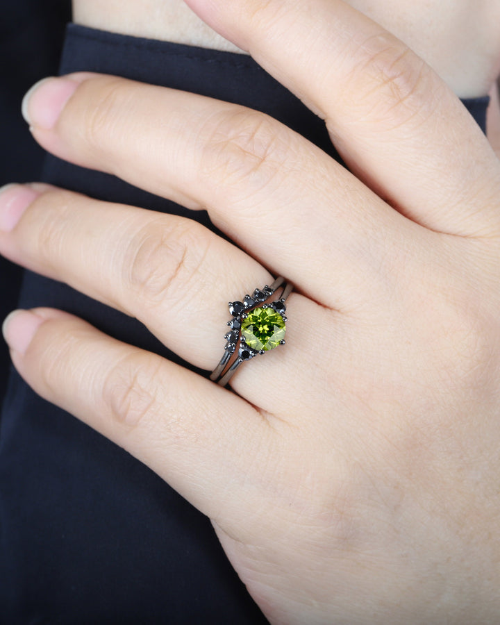 Vintage Black Gold Round Cut Peridot Engagement Ring Set, Rhodium Black Moissanite Wedding Set, Unique Dark Bridal Set, Black Promise Ring - ShainJewelry
