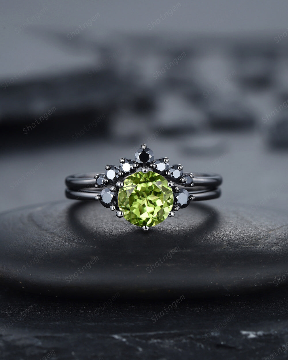 Vintage Black Gold Round Cut Peridot Engagement Ring Set, Rhodium Black Moissanite Wedding Set, Unique Dark Bridal Set, Black Promise Ring - ShainJewelry