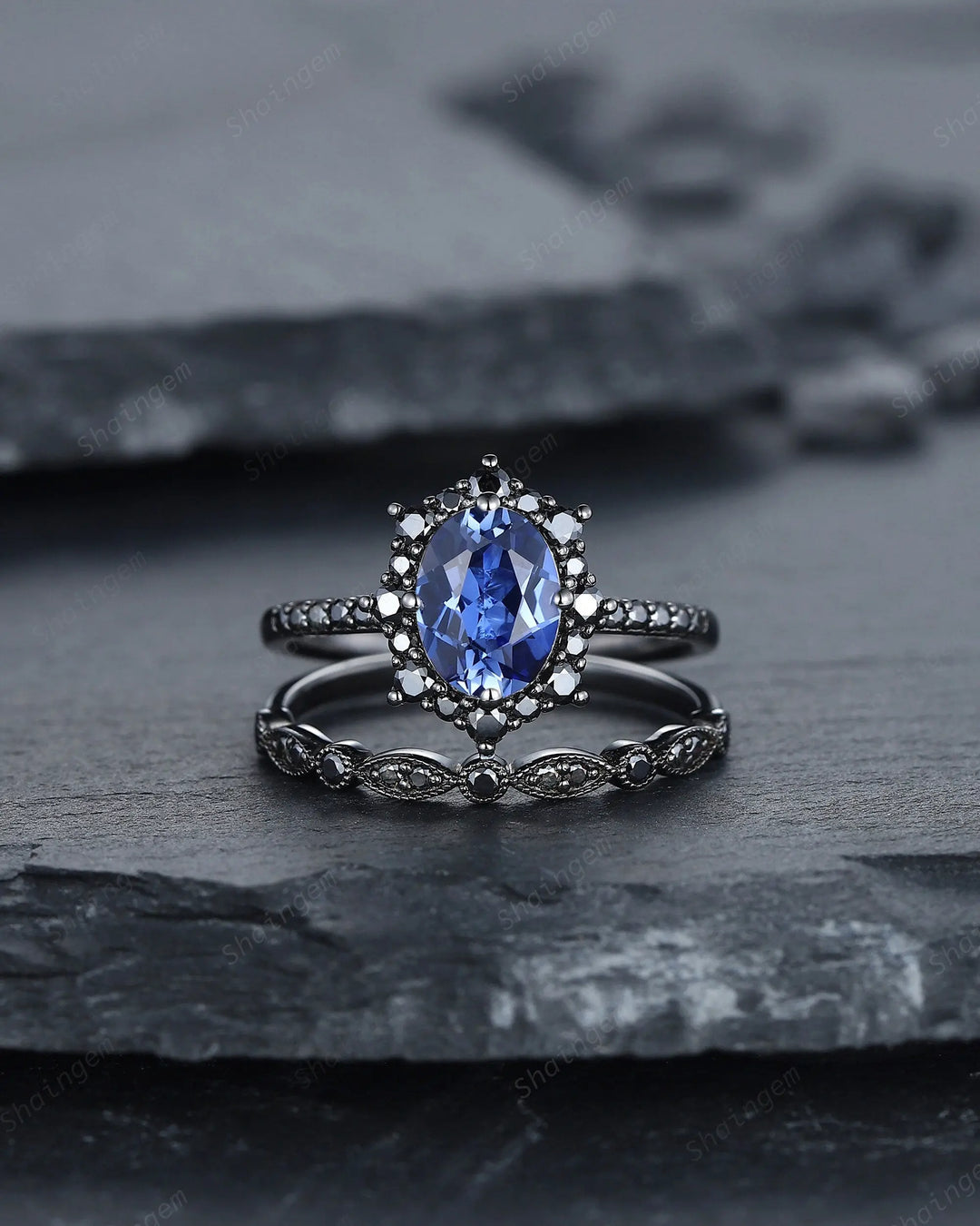 Vintage Oval Cornflower Blue Sapphire Halo Engagement Ring Set, Gothic Black Promise Ring Set, Rhodium Black Bridal Set, Black Wedding Ring - ShainJewelry