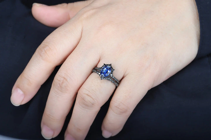 Vintage Oval Cornflower Blue Sapphire Halo Engagement Ring Set, Gothic Black Promise Ring Set, Rhodium Black Bridal Set, Black Wedding Ring - ShainJewelry