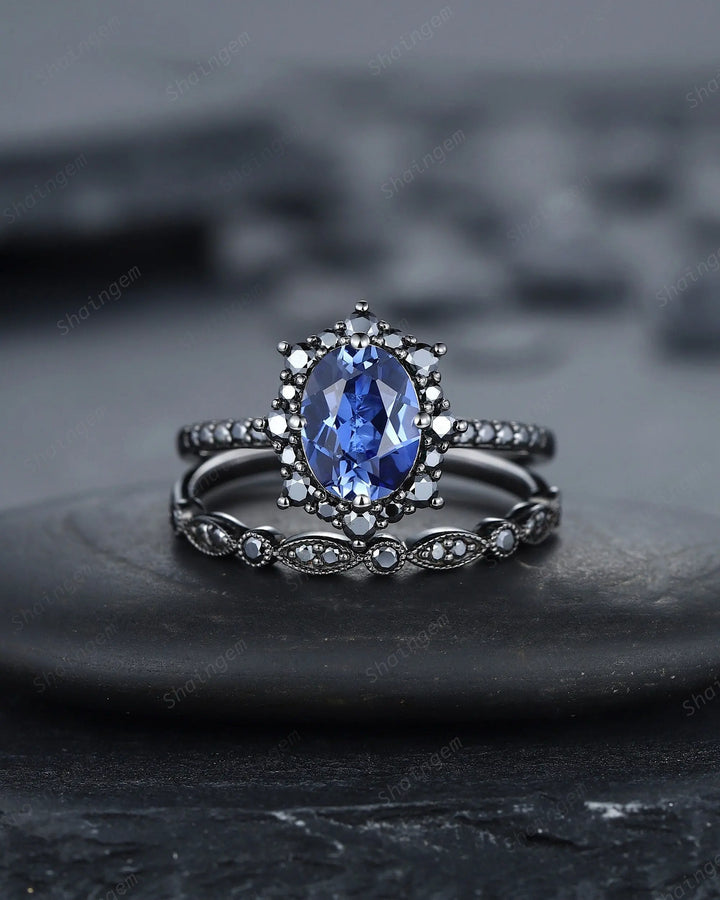 Vintage Oval Cornflower Blue Sapphire Halo Engagement Ring Set, Gothic Black Promise Ring Set, Rhodium Black Bridal Set, Black Wedding Ring - ShainJewelry