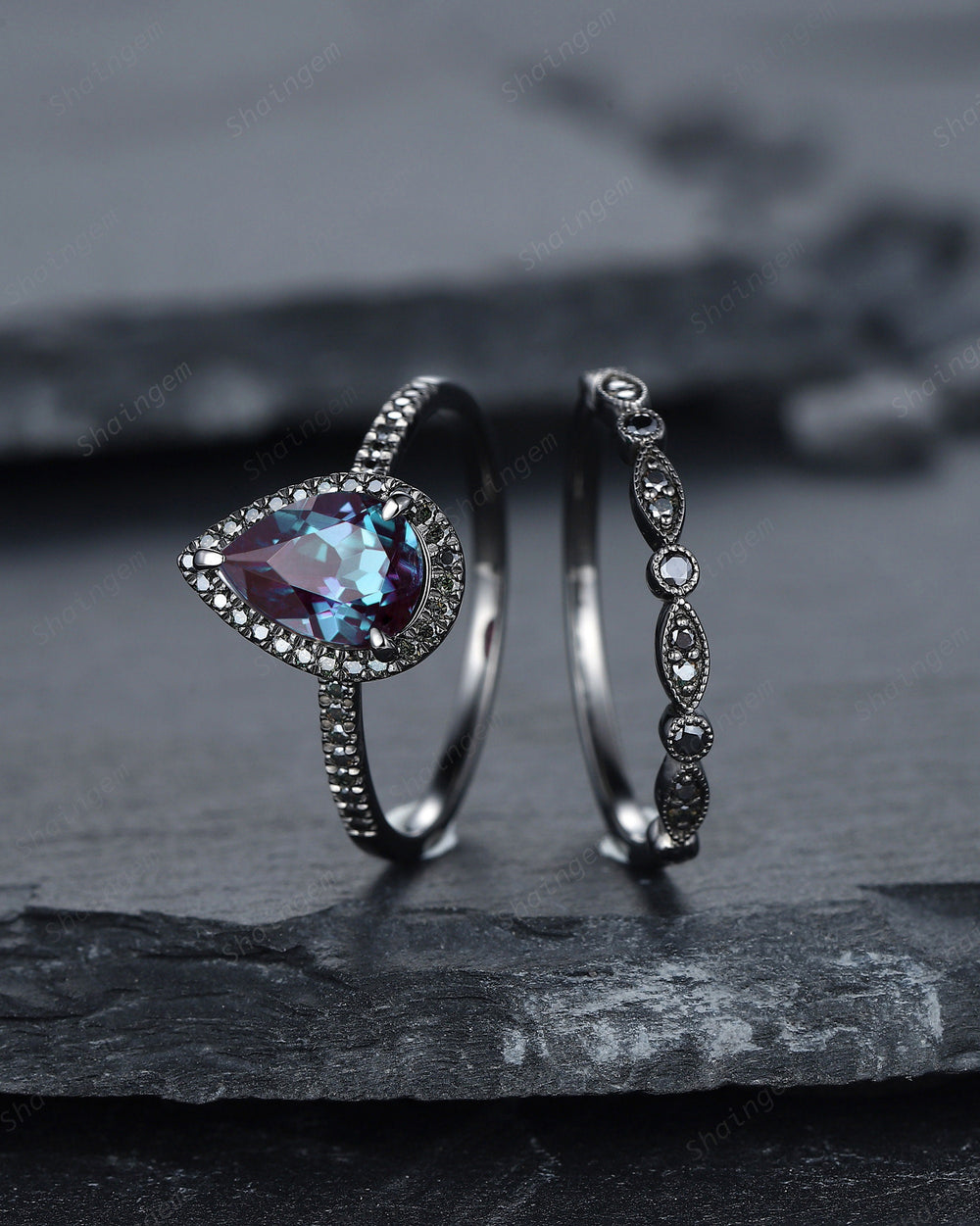 Vintage Alexandrite Halo Engagement Ring Set, Black Gold Alexandrite Promise Ring Set, Rhodium Black Bridal Set, Gothic Black Wedding Ring - ShainJewelry