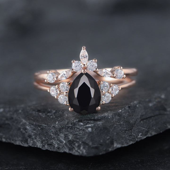 Vintage Black Onyx and Moissanite Engagement Ring Set, 14K Rose Gold or Silver Pear Black Gemstone Wedding Bridal Set Promise Ring for her - ShainJewelry