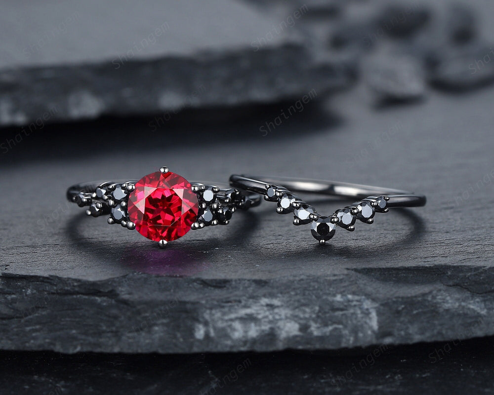 Vintage Black Gold Round Shape Ruby Engagement Ring, Rhodium Black Moissanite Ruby Wedding Set, Unique Dark Bridal Set, Black Promise Ring - ShainJewelry