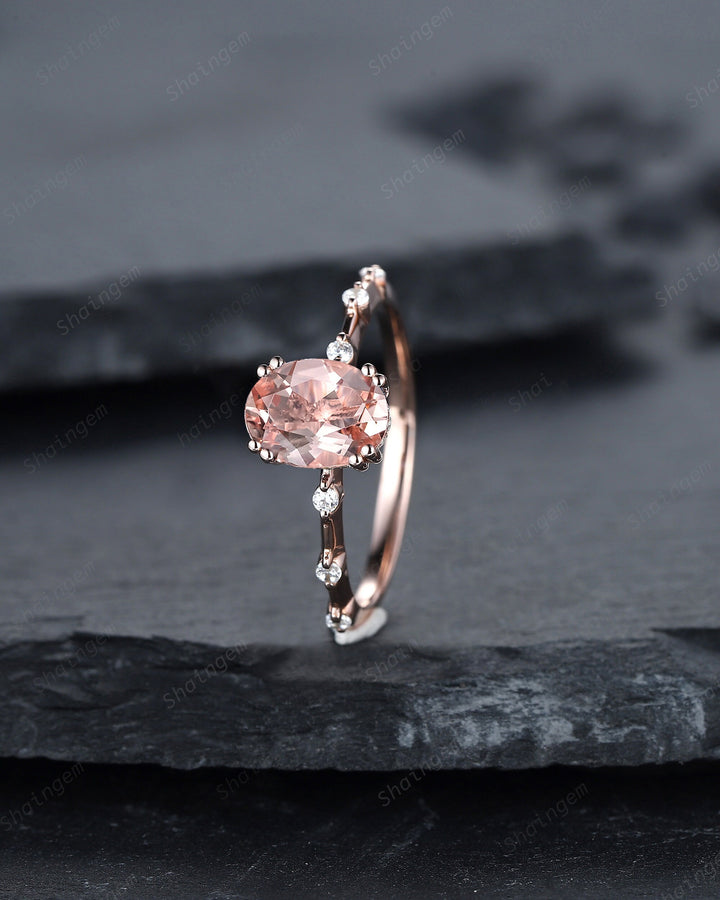 Vintage Oval Cut Pink Morganite Engagement Ring Set, Unique Pink Morganite Promise Ring, Morganite Hidden Halo Bridal Set Wedding Ring Gift - ShainJewelry