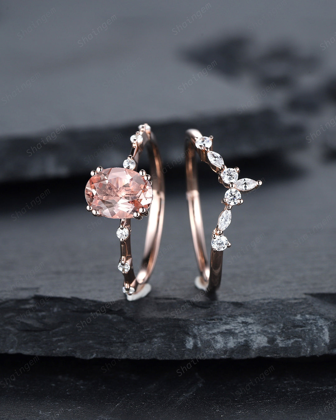 Vintage Oval Cut Pink Morganite Engagement Ring Set, Unique Pink Morganite Promise Ring, Morganite Hidden Halo Bridal Set Wedding Ring Gift - ShainJewelry