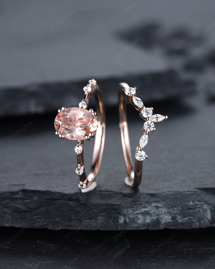 Vintage Oval Cut Pink Morganite Engagement Ring Set, Unique Pink Morganite Promise Ring, Morganite Hidden Halo Bridal Set Wedding Ring Gift - ShainJewelry