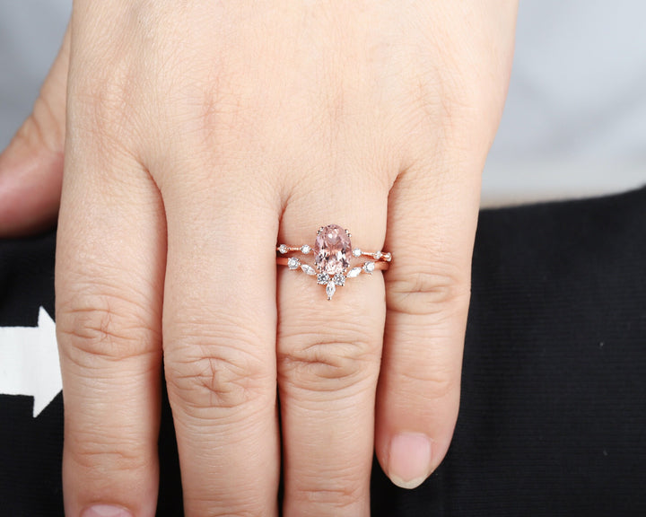Vintage Oval Cut Pink Morganite Engagement Ring Set, Unique Pink Morganite Promise Ring, Morganite Hidden Halo Bridal Set Wedding Ring Gift - ShainJewelry
