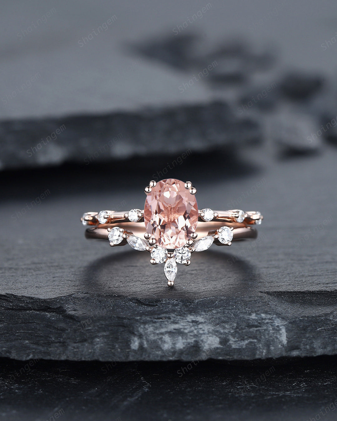 Vintage Oval Cut Pink Morganite Engagement Ring Set, Unique Pink Morganite Promise Ring, Morganite Hidden Halo Bridal Set Wedding Ring Gift - ShainJewelry