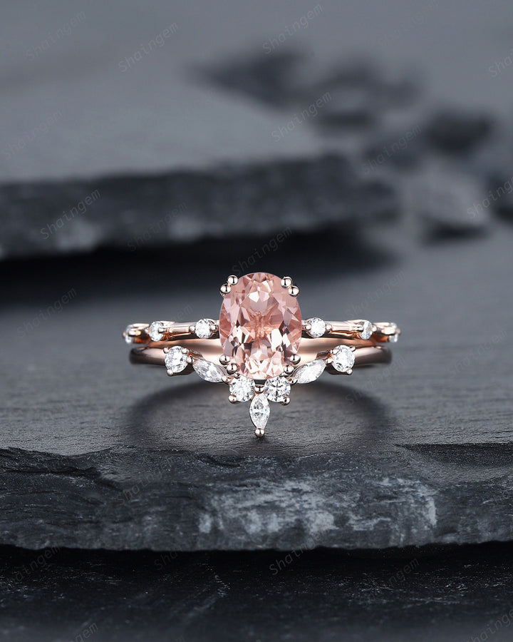 Vintage Oval Cut Pink Morganite Engagement Ring Set, Unique Pink Morganite Promise Ring, Morganite Hidden Halo Bridal Set Wedding Ring Gift - ShainJewelry