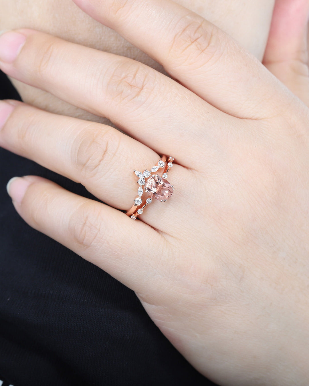 Vintage Oval Cut Pink Morganite Engagement Ring Set, Unique Pink Morganite Promise Ring, Morganite Hidden Halo Bridal Set Wedding Ring Gift - ShainJewelry
