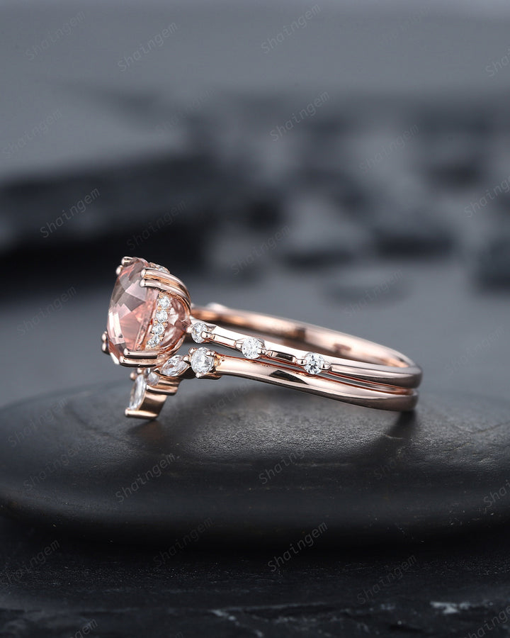 Vintage Oval Cut Pink Morganite Engagement Ring Set, Unique Pink Morganite Promise Ring, Morganite Hidden Halo Bridal Set Wedding Ring Gift - ShainJewelry