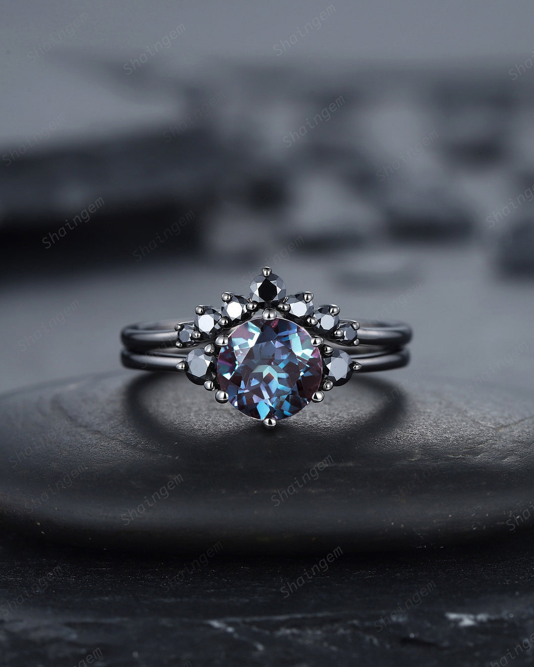 Vintage Black Gold Round Cut Alexandrite Engagement Ring Set Rhodium Black Moissanite Wedding Set Unique Dark Bridal Set, Black Promise Ring - ShainJewelry