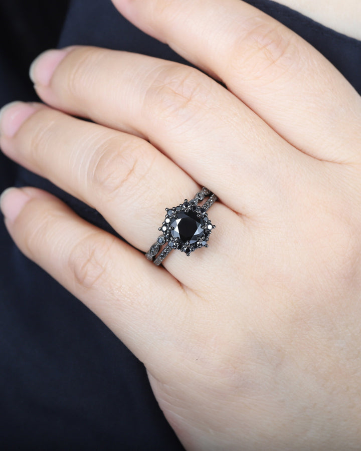 Vintage Round Black Moissanite Halo Engagement Ring Set, Black Gold Moissanite Promise Ring, Rhodium Black Bridal Set, Black Wedding Ring - ShainJewelry