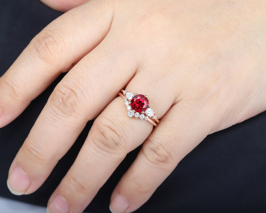 Vintage Round Shape Ruby Engagement Ring Set, Rose Gold Ruby and Pear Moissanite Wedding Promise Ring, Silver Bridal Set Anniversary Gift - ShainJewelry