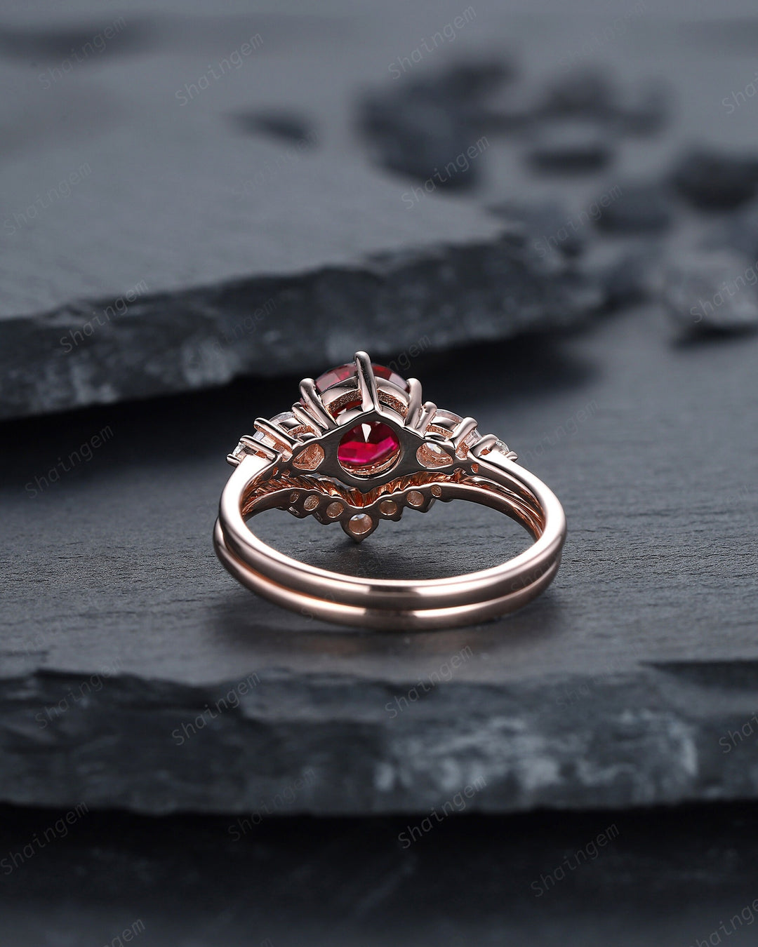 Vintage Round Shape Ruby Engagement Ring Set, Rose Gold Ruby and Pear Moissanite Wedding Promise Ring, Silver Bridal Set Anniversary Gift - ShainJewelry