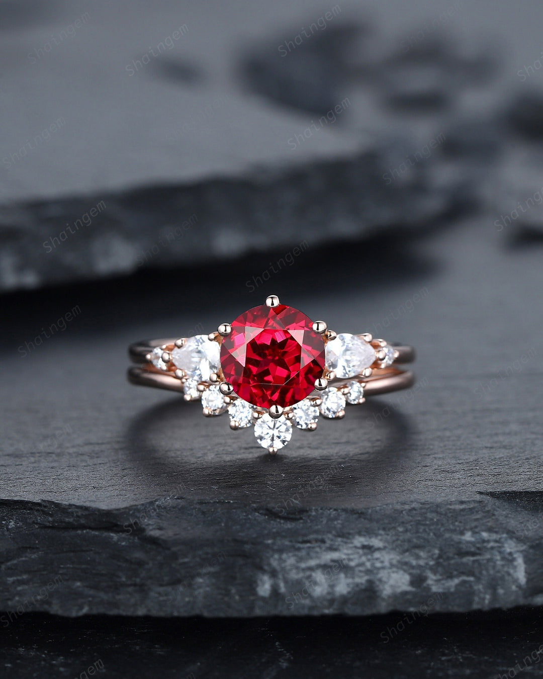 Vintage Round Shape Ruby Engagement Ring Set, Rose Gold Ruby and Pear Moissanite Wedding Promise Ring, Silver Bridal Set Anniversary Gift - ShainJewelry