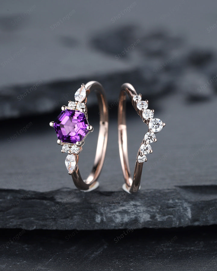 Unique Hexagon Amethyst Engagement Ring Set, Vintage Amethyst Wedding Ring, 14K Rose Gold Amethyst Promise Ring, Silver Art Deco Bridal Set - ShainJewelry