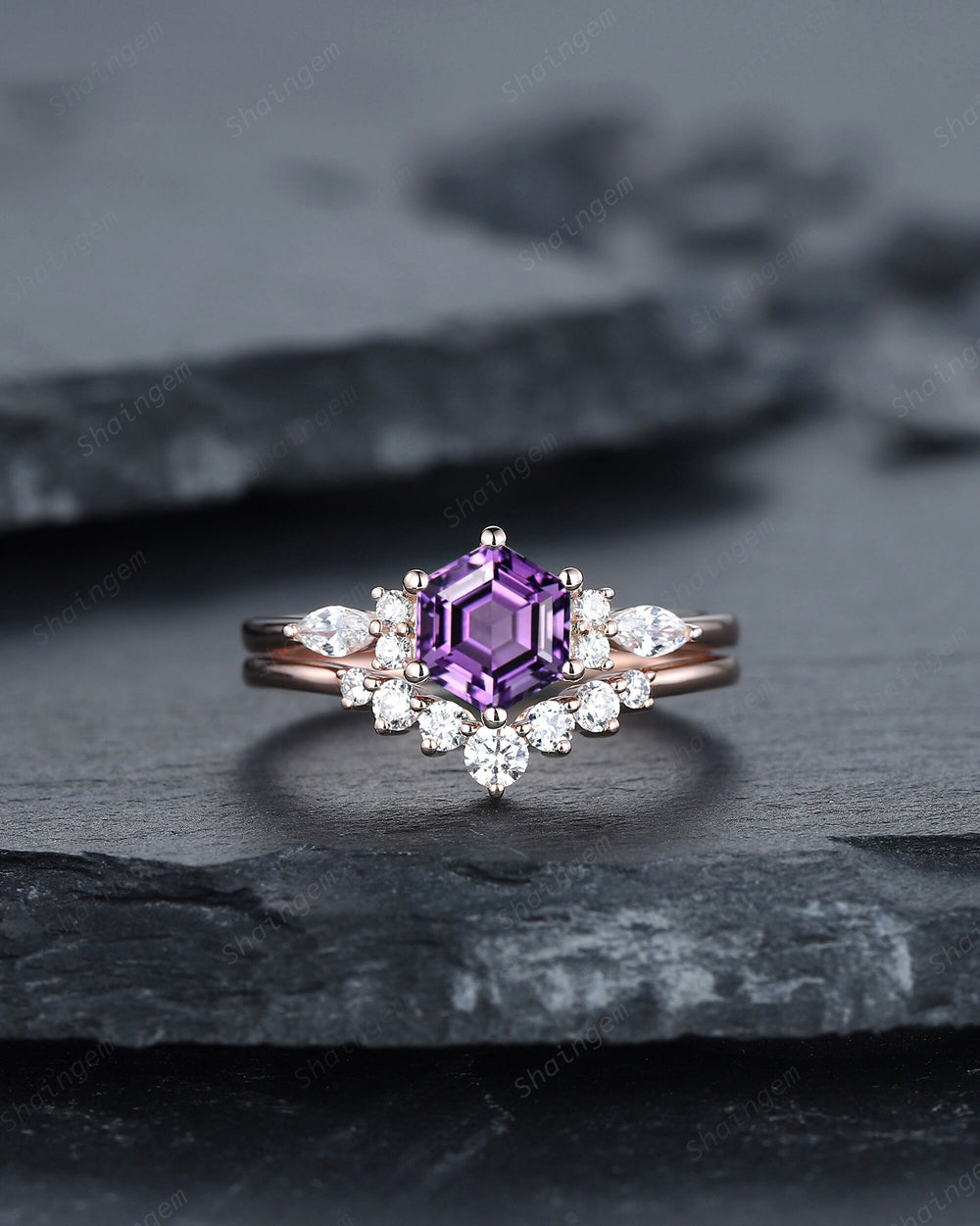 Unique Hexagon Amethyst Engagement Ring Set, Vintage Amethyst Wedding Ring, 14K Rose Gold Amethyst Promise Ring, Silver Art Deco Bridal Set - ShainJewelry