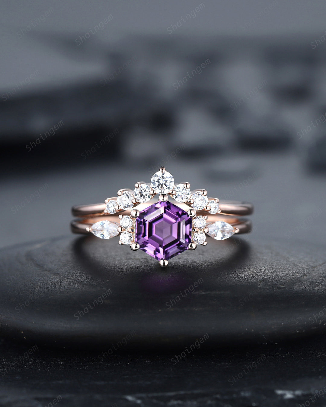 Unique Hexagon Amethyst Engagement Ring Set, Vintage Amethyst Wedding Ring, 14K Rose Gold Amethyst Promise Ring, Silver Art Deco Bridal Set - ShainJewelry