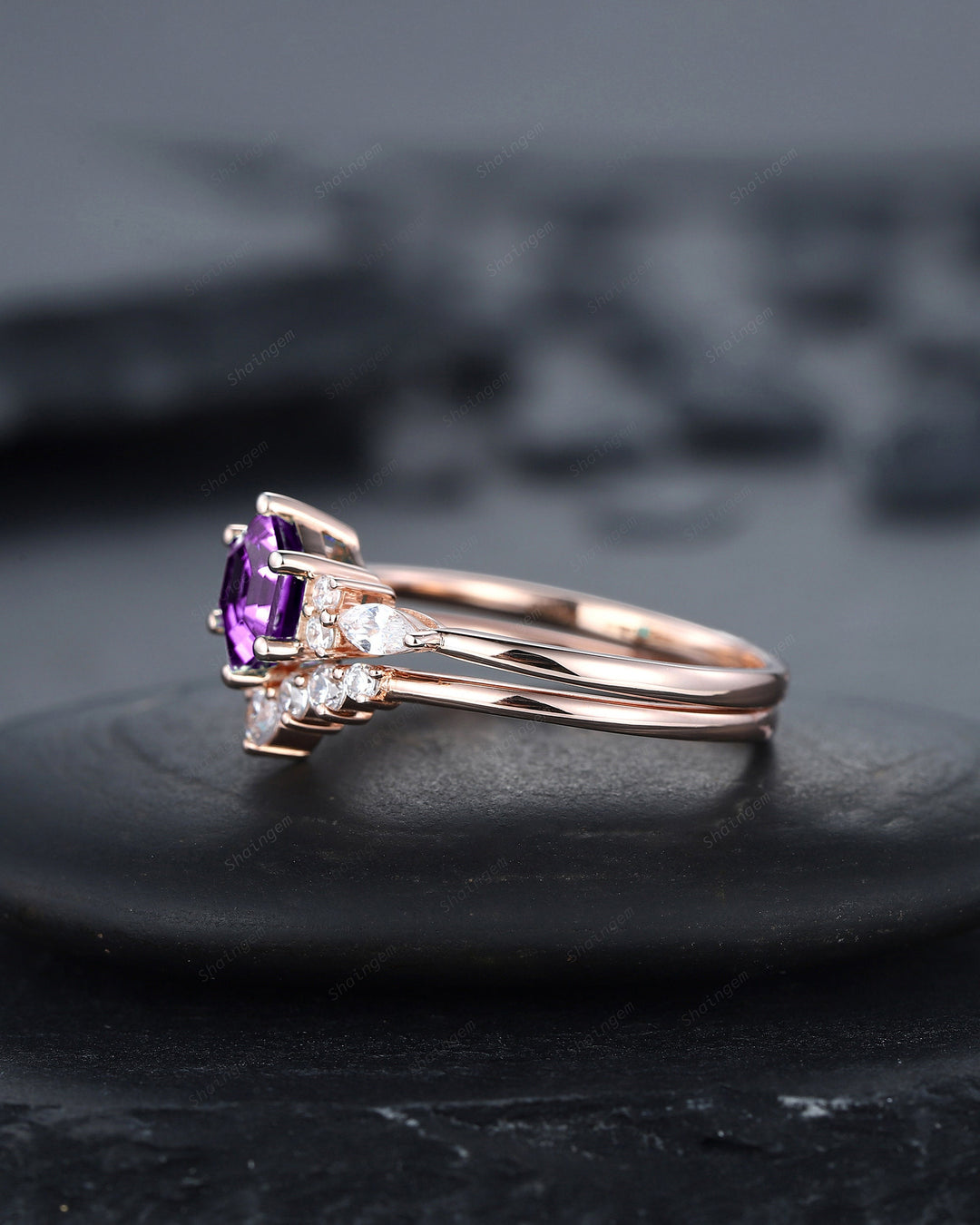 Unique Hexagon Amethyst Engagement Ring Set, Vintage Amethyst Wedding Ring, 14K Rose Gold Amethyst Promise Ring, Silver Art Deco Bridal Set - ShainJewelry