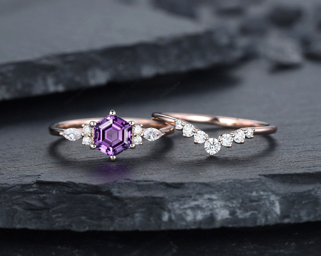 Unique Hexagon Amethyst Engagement Ring Set, Vintage Amethyst Wedding Ring, 14K Rose Gold Amethyst Promise Ring, Silver Art Deco Bridal Set - ShainJewelry